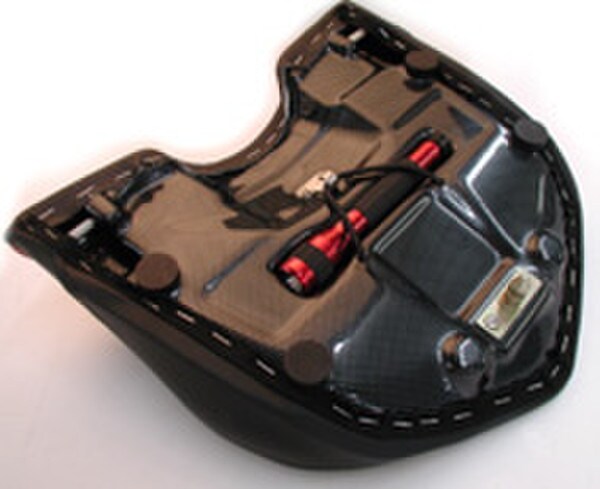 Sargent World Sport motorcycle seat underside with the Sargent flashlight feature for the Ducati Multistrada 2003-09 - rear seat only available with custom upholstery.